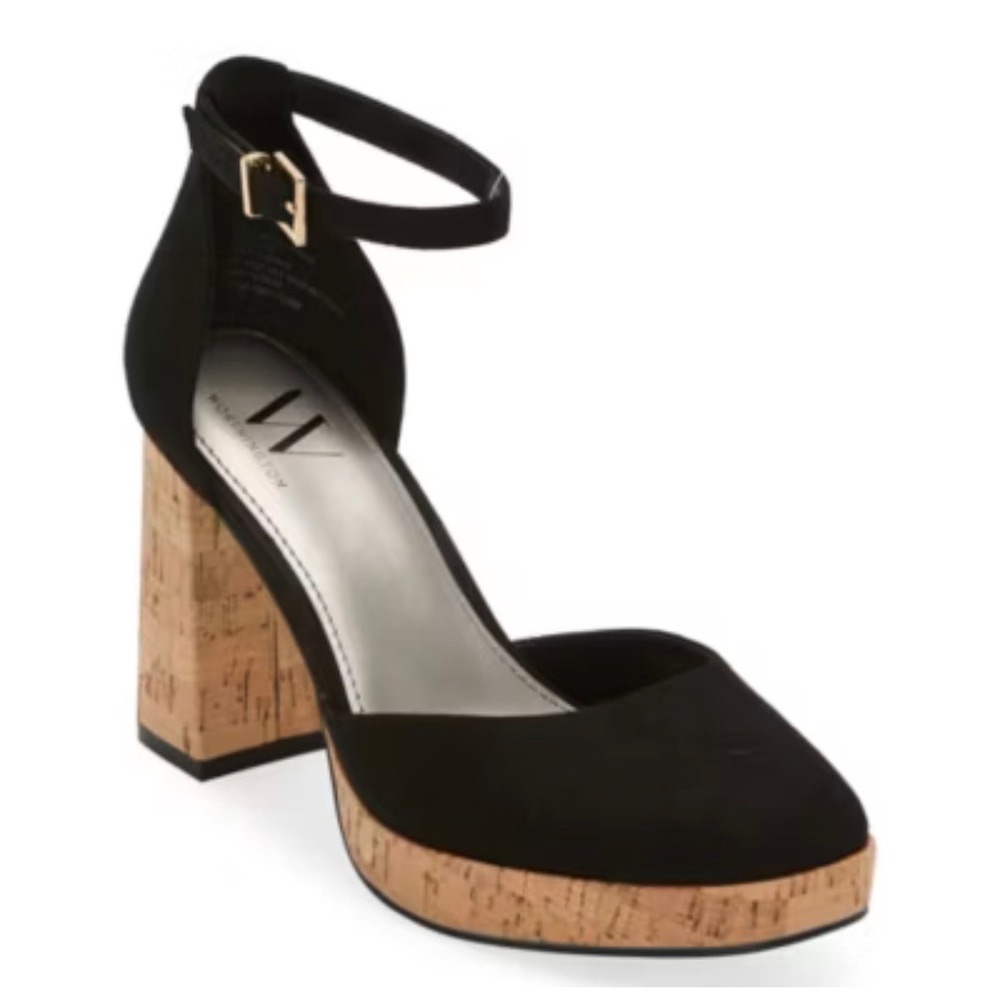 Boho Love Island Black Faux Suede Cork Block Retro Heel Platform Pumps 10M‎ NEW
